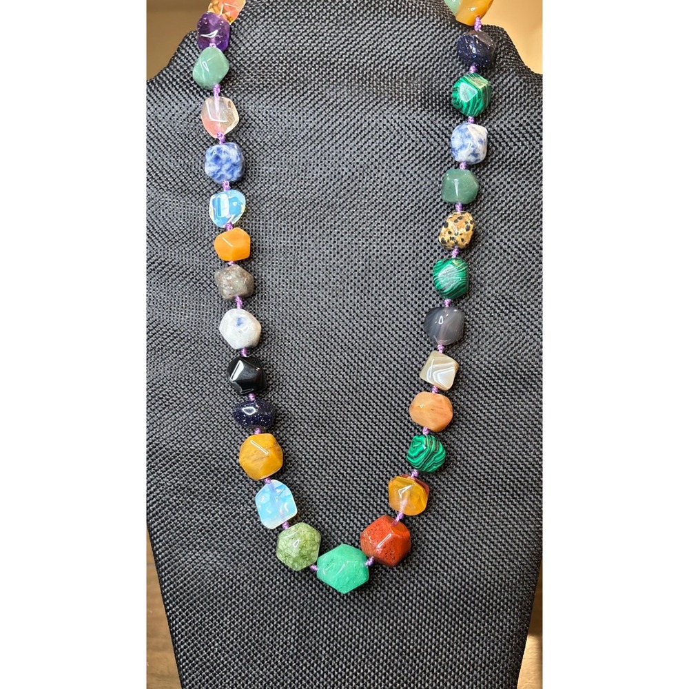 Multicolor Gemstone Nugget Knotted Necklace Boho Chunky Mixed Stone 22 Inch